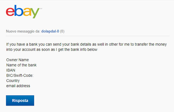 Richiesta coordinate bancarie da utente truffatore su eBay